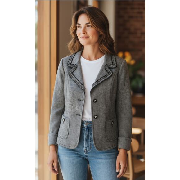 Weekend MaxMara Textured Tweed Ruffled Hem Linen Blend Blazer Size 12 - Picture 1 of 11